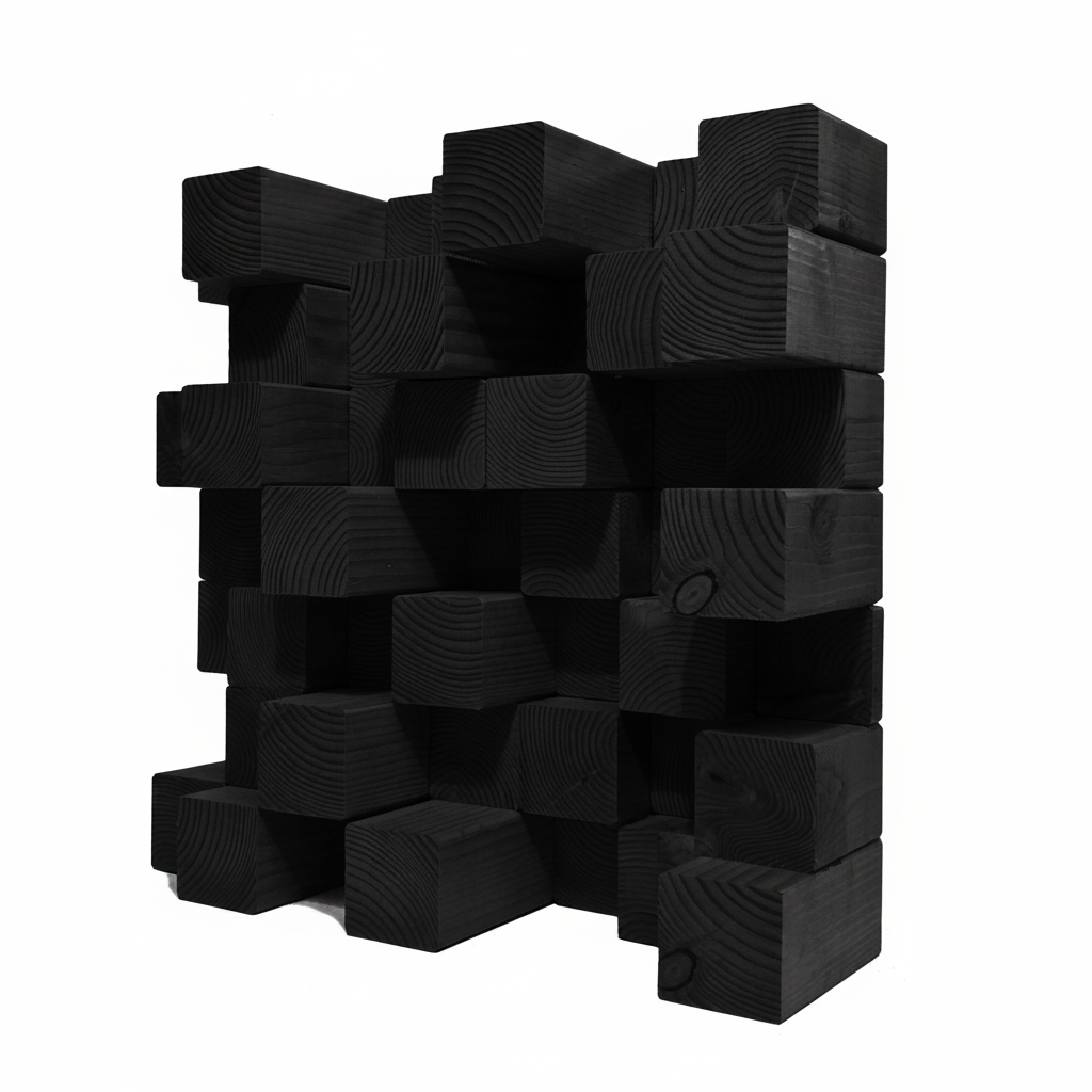 A black acoustic diffuser made of stacked rectangular black wood blocks with visible grain patterns, set against a solid white background.