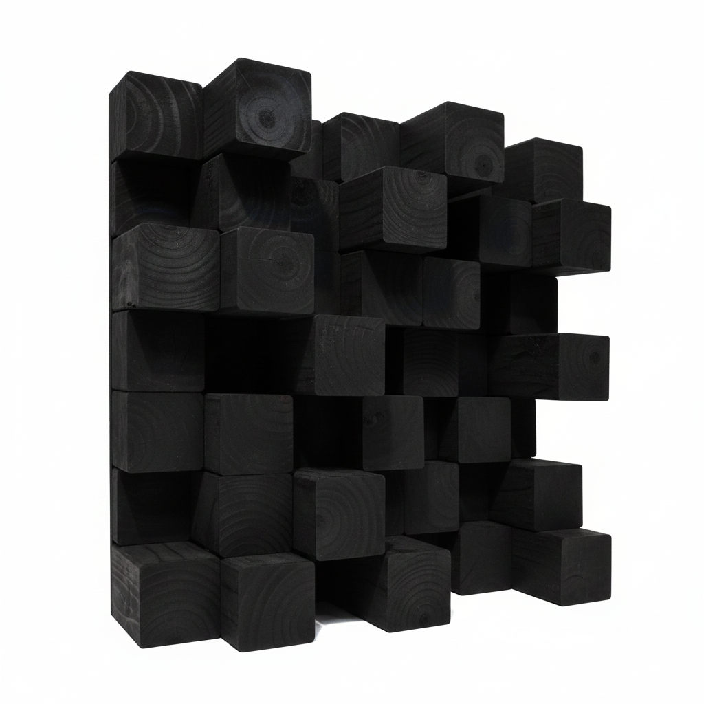 A modern black wooden acoustic diffuser composed of stacked square blocks with visible wood grain patterns, set against a solid white background.