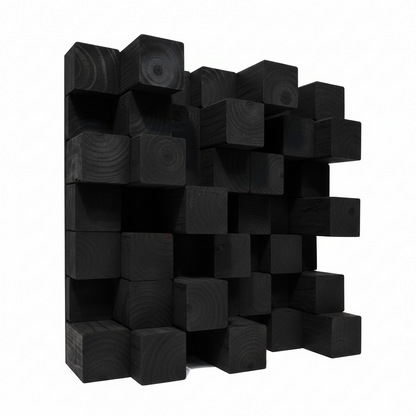 A modern black wooden acoustic diffuser composed of stacked square blocks with visible wood grain patterns, set against a solid white background.