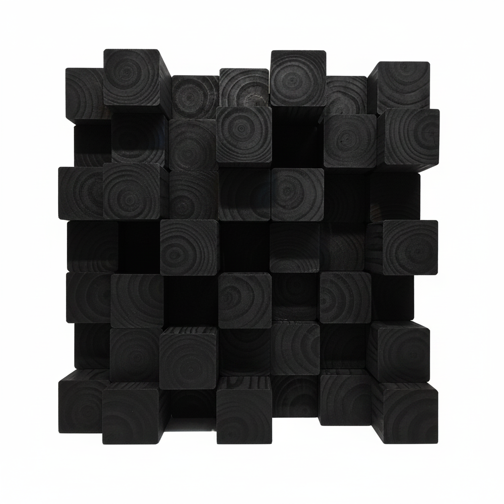 A black wooden acoustic diffuser made of stacked square blocks with visible wood grain patterns, set against a plain white background.