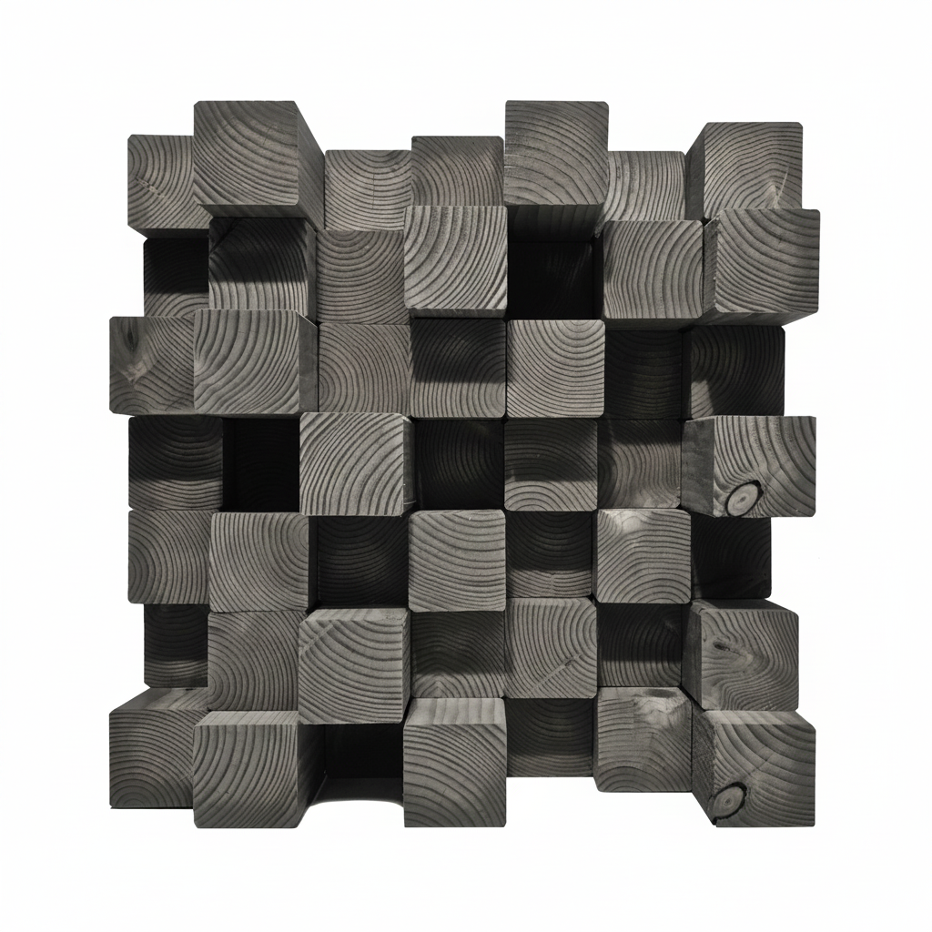 A 3D geometric grey acoustic diffuser made of stacked square wooden blocks with visible wood grain patterns, arranged in a grid on a plain white background.
