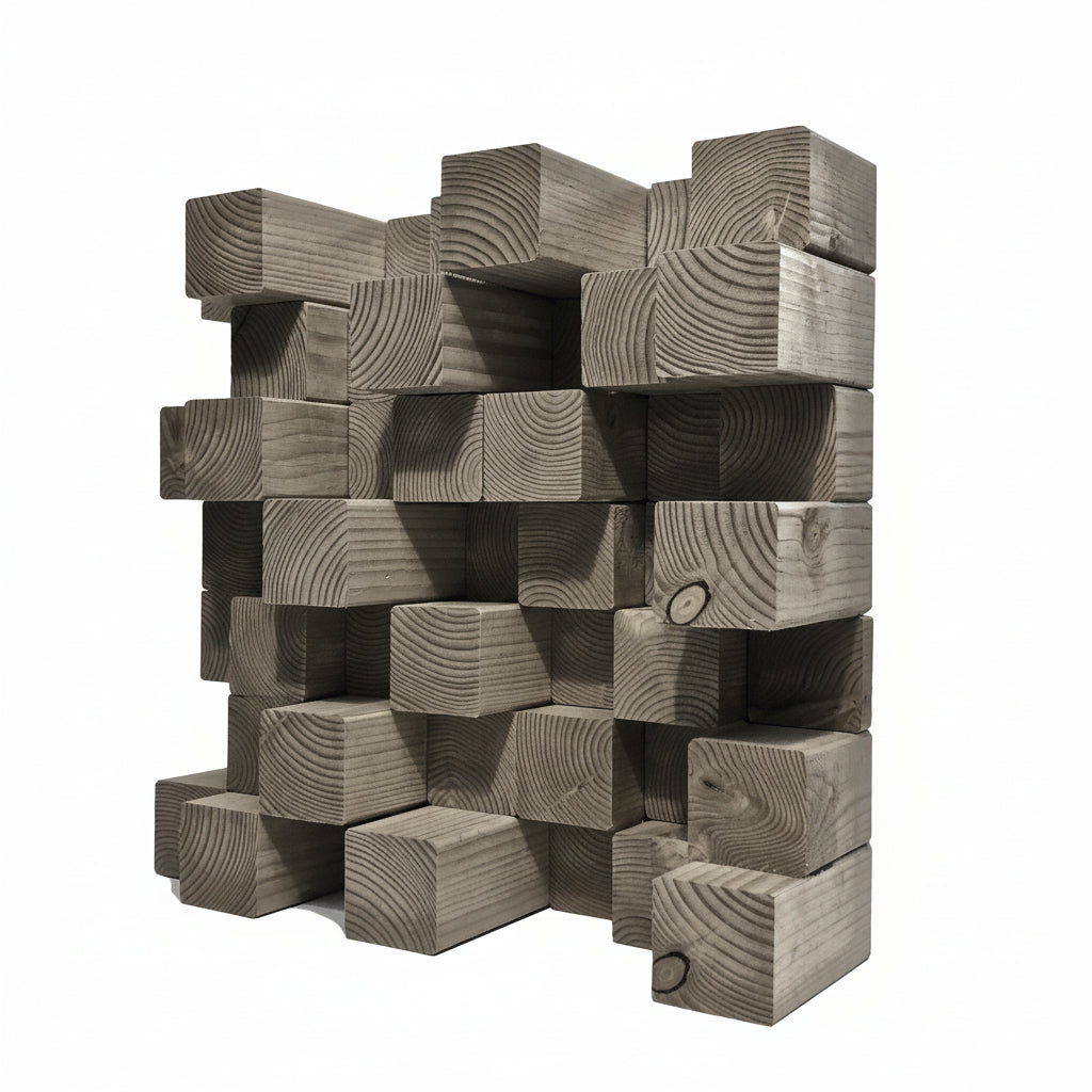 A modern geometric classic grey acoustic diffuser made of stacked rectangular wooden blocks with visible grain patterns, shown against a plain white background. 