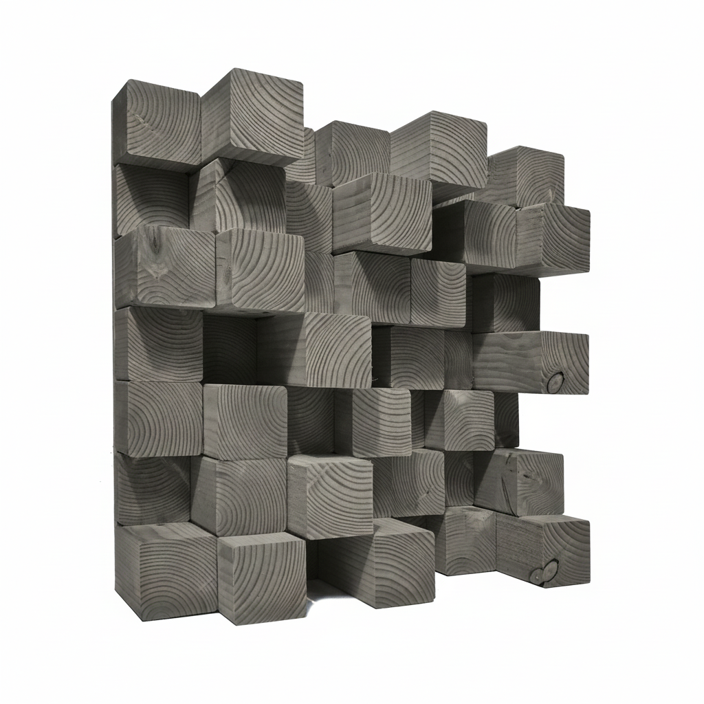 A 3D geometric wall acoustic diffuser made of interlocking grey wooden blocks with visible wood grain textures, shown against a solid white background.