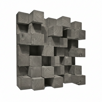 A 3D geometric wall acoustic diffuser made of interlocking grey wooden blocks with visible wood grain textures, shown against a solid white background.