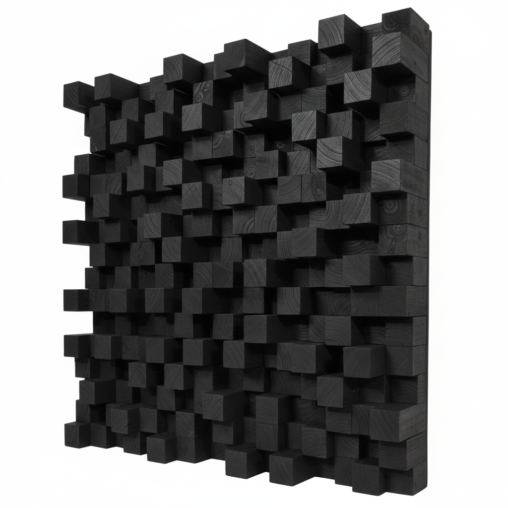 A black 3D geometric Skyline Diffuser wall panel made of interlocking wooden cubes with visible wood grain, shown against a plain white background.
