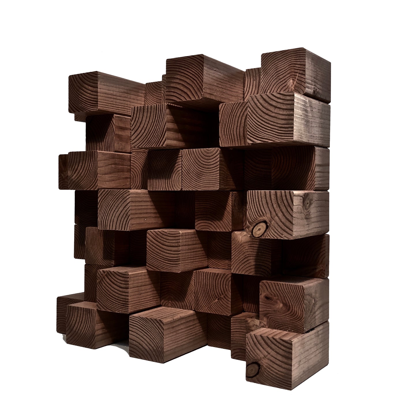 A modern geometric classic grey acoustic diffuser made of stacked rectangular wooden blocks with visible grain patterns, shown against a plain white background.